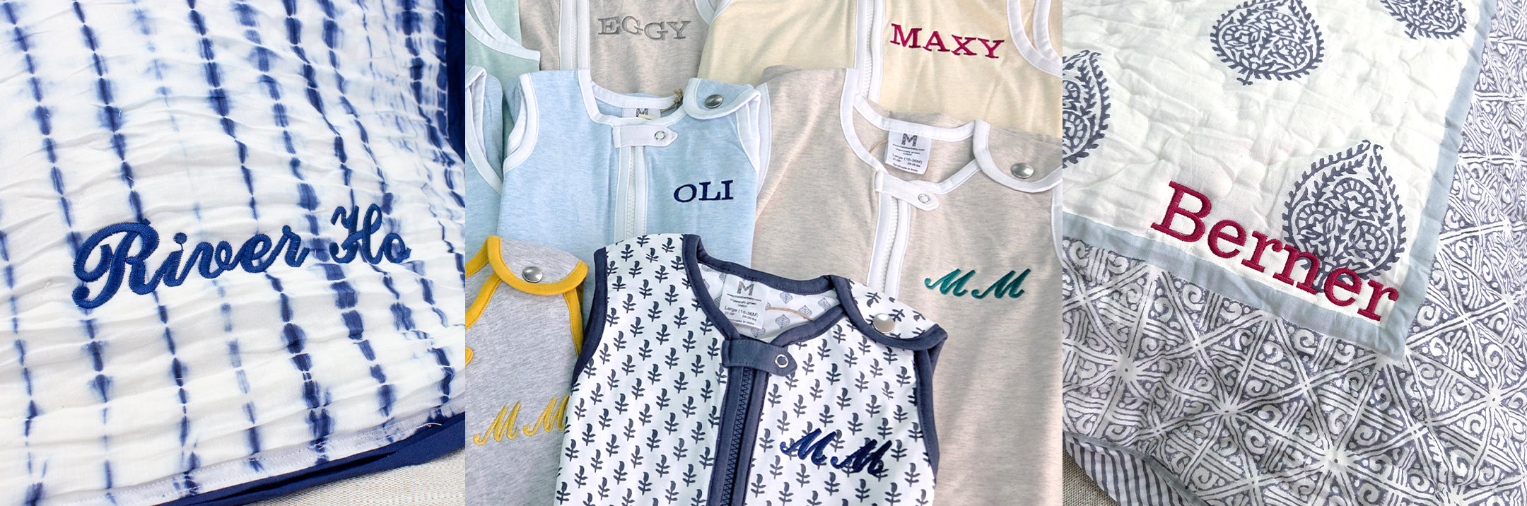 Personalized gifting ideas including cozy blankets and quilts for babies and adults, adorable pajamas for kids, and stylish toiletry kit pouches for adults — perfect keepsakes for all ages.