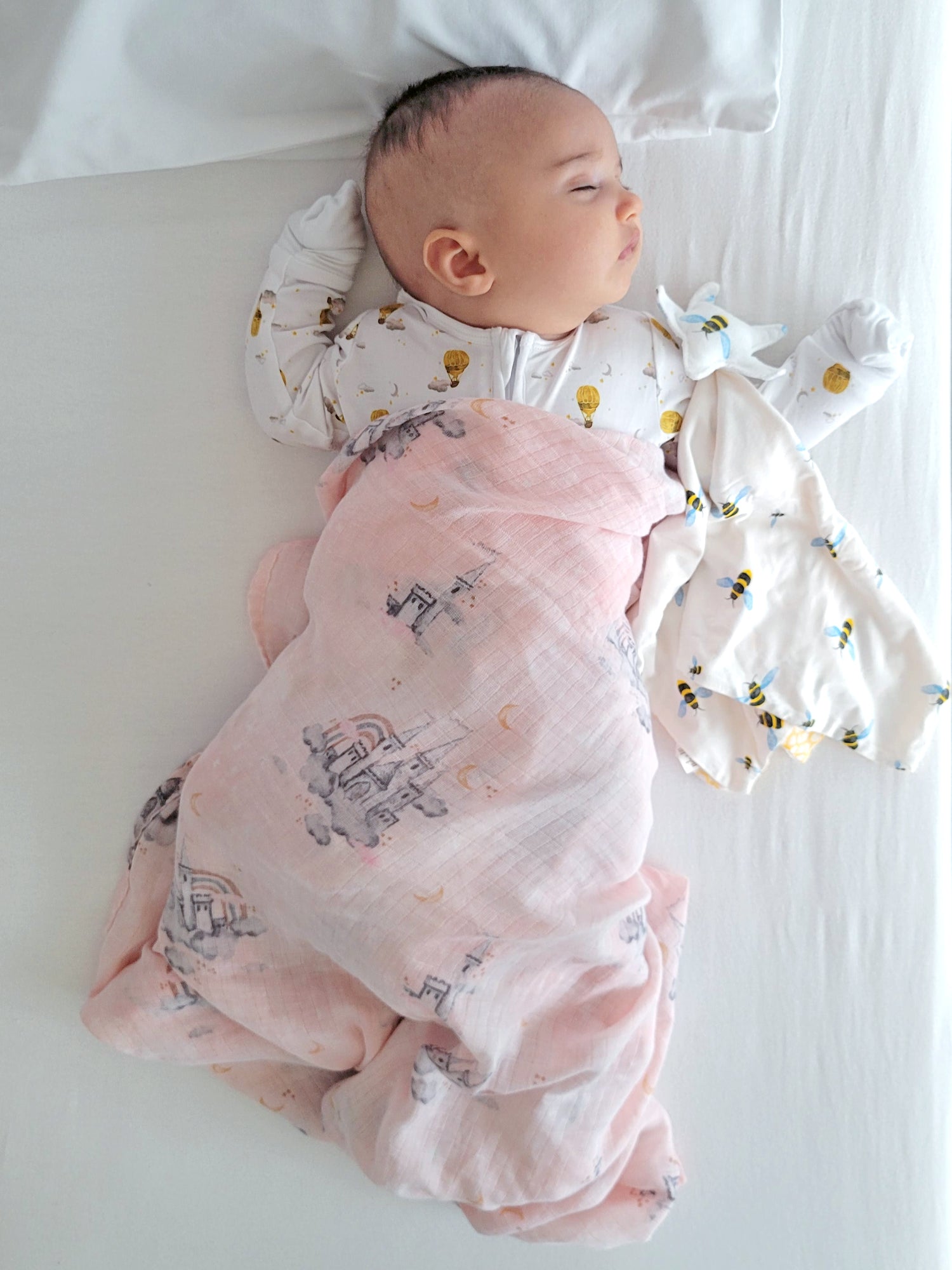 Soft baby lovey security blanket with a charming bee print design, featuring a plush bee motif on a gentle fabric background, crafted to provide comfort, reassurance, and sensory engagement for infants and young children.
