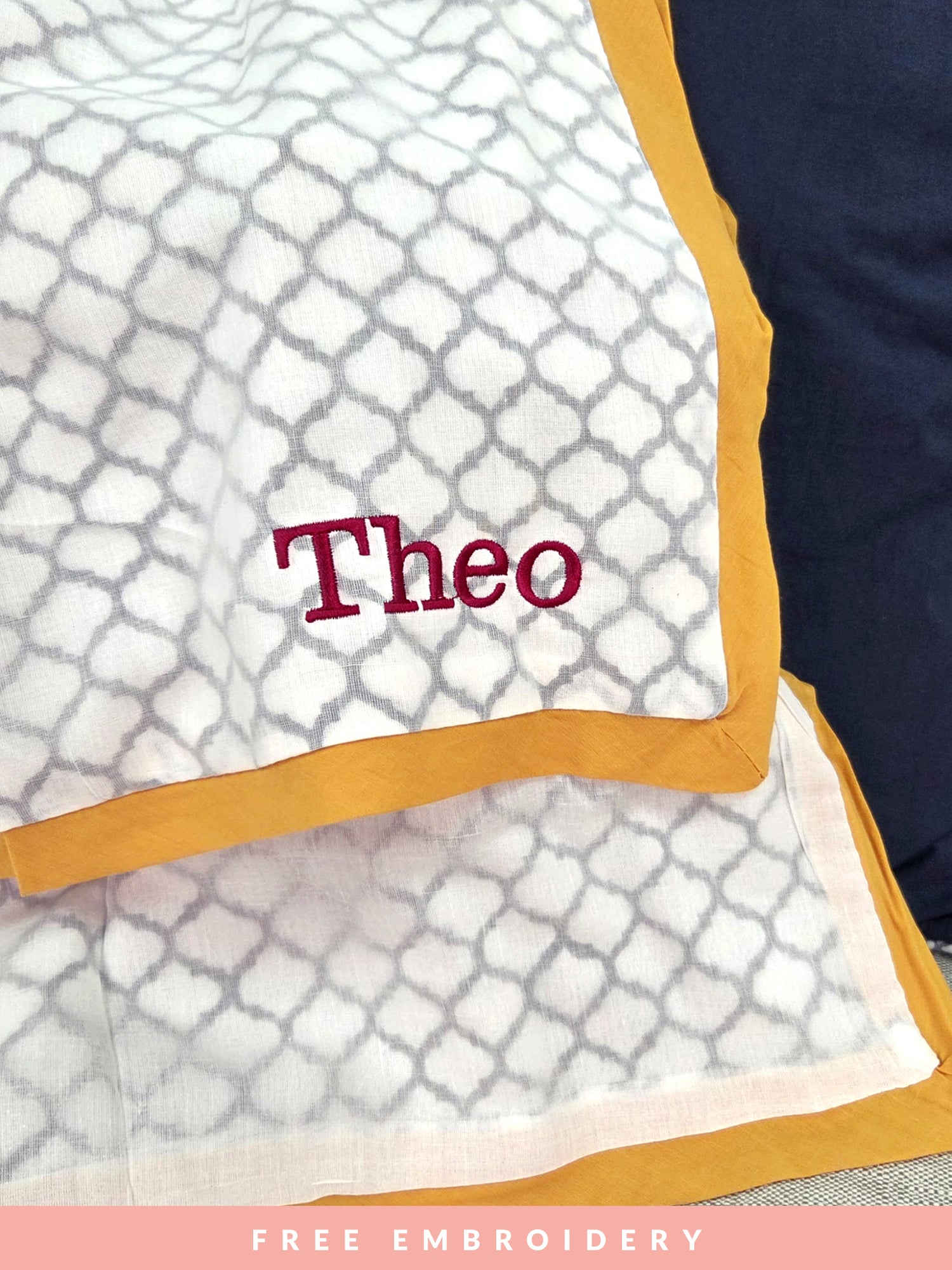 Beautiful block printed lightweight receiving blanket for newborns with free embroidery, crafted from soft and breathable fabric – perfect as a thoughtful baby shower gift or keepsake to cherish for years to come.