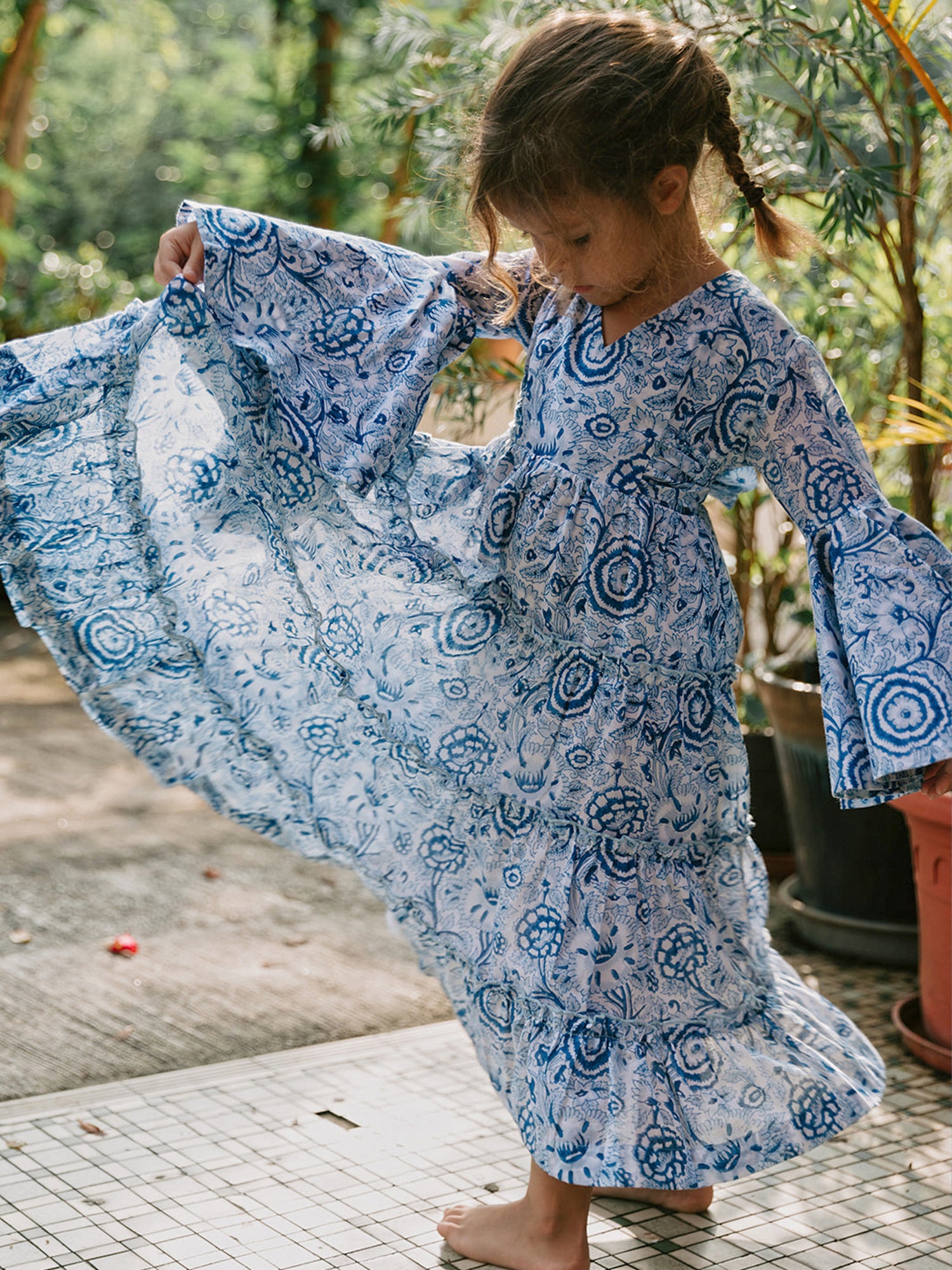 Block Printed Girl's Dress - Blue Floral