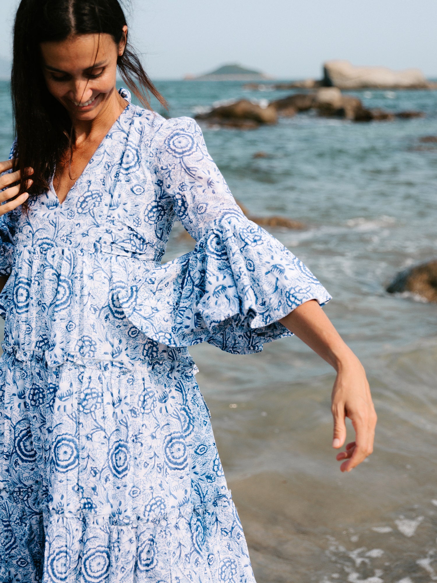 Block Printed Women's Dress - Blue Floral