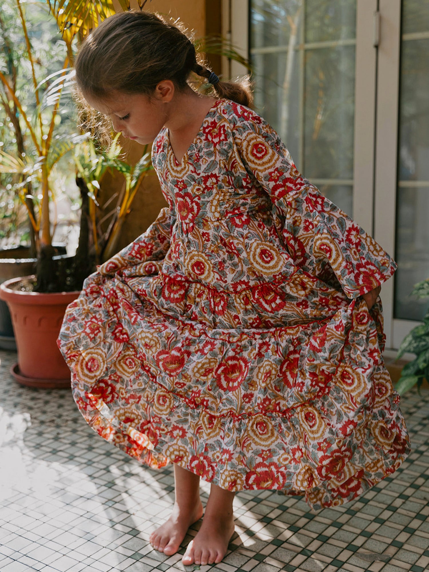 Block Printed Girl's Dress - Lucky Red Floral Block Printed Girl's Dress - Lucky Red Floral
