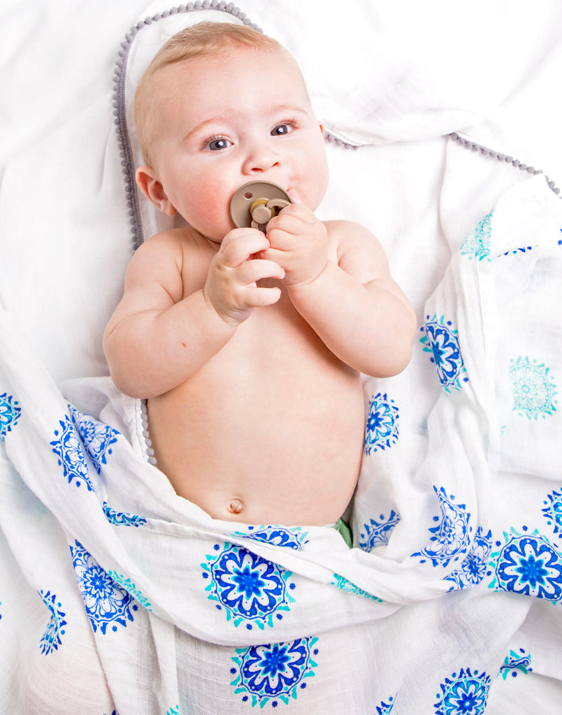 Best organic muslin swaddle blanket with adorable bee print – soft, breathable, and gentle for your baby's delicate skin. Made from premium organic cotton, this soothing swaddle features a charming watercolor hamsa print, providing natural comfort, promoting safe sleep, and perfect for calming and wrapping newborns.