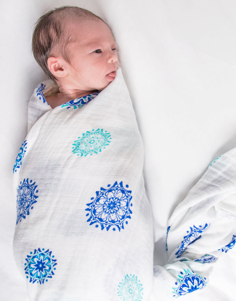 Best organic muslin swaddle blanket with adorable bee print – soft, breathable, and gentle for your baby's delicate skin. Made from premium organic cotton, this soothing swaddle features a charming watercolor mandala print, providing natural comfort, promoting safe sleep, and perfect for calming and wrapping newborns.