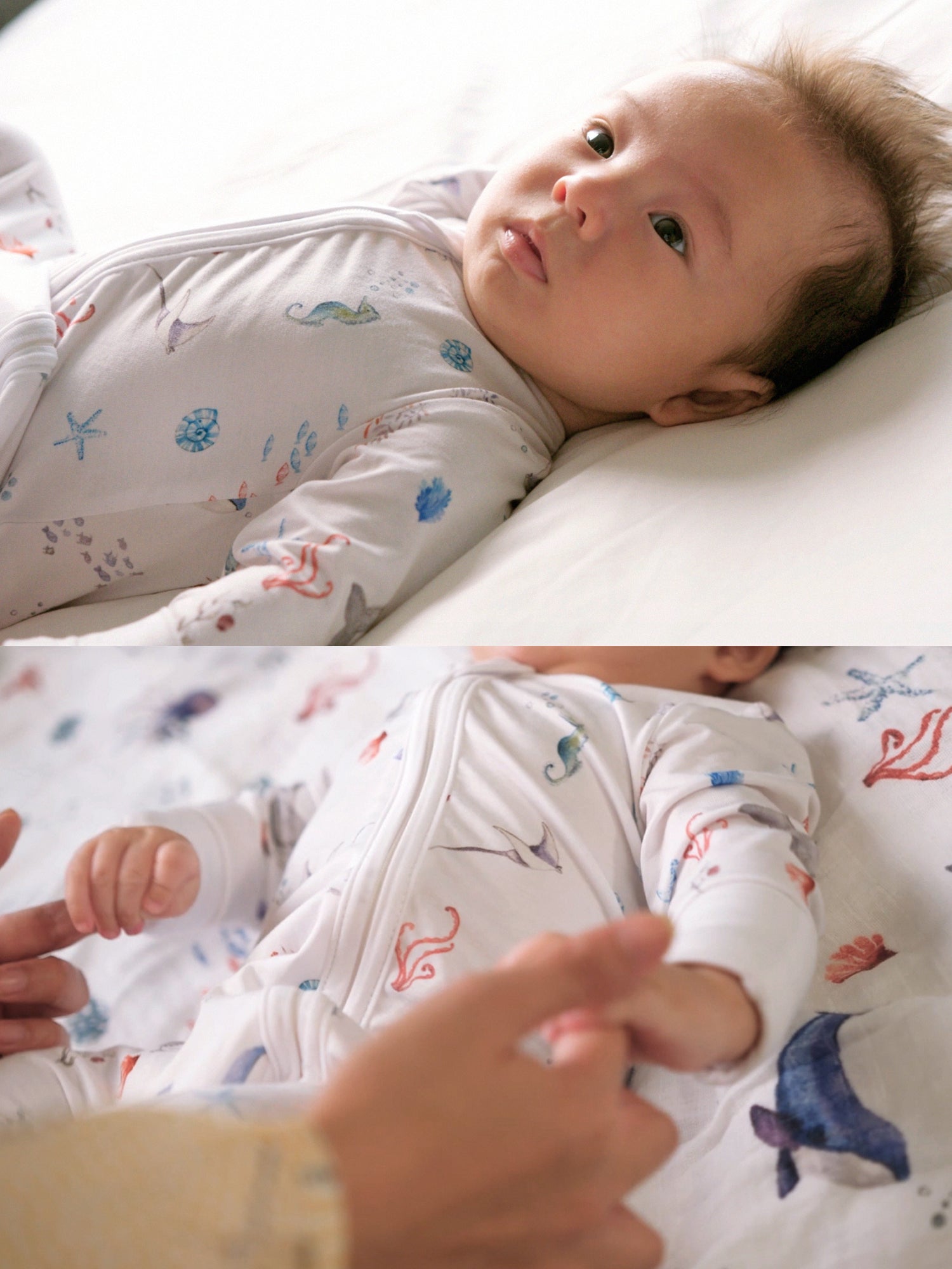 Under the Sea baby romper featuring playful ocean print, made from buttery soft bamboo cotton with a two-way zipper, foldover footie and mittens for warmth, eco-friendly dyes, and OEKO-TEX® Standard 100 certification. Perfect for newborns to 12 months, providing comfort, ease of dressing, and style for little explorers.