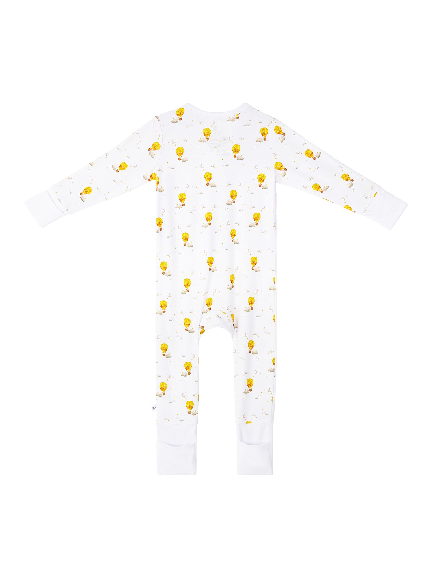 Hot Air Balloon print baby romper featuring playful ocean print, made from buttery soft bamboo cotton with a two-way zipper, foldover footie and mittens for warmth, eco-friendly dyes, and OEKO-TEX® Standard 100 certification. Perfect for newborns to 12 months, providing comfort, ease of dressing, and style for little explorers.