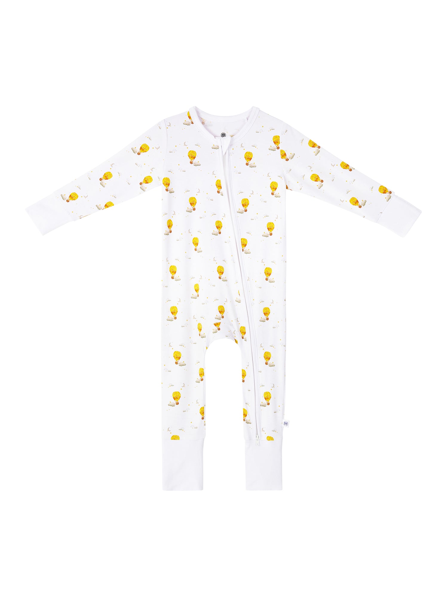 Hot Air Balloon print baby romper featuring playful ocean print, made from buttery soft bamboo cotton with a two-way zipper, foldover footie and mittens for warmth, eco-friendly dyes, and OEKO-TEX® Standard 100 certification. Perfect for newborns to 12 months, providing comfort, ease of dressing, and style for little explorers.