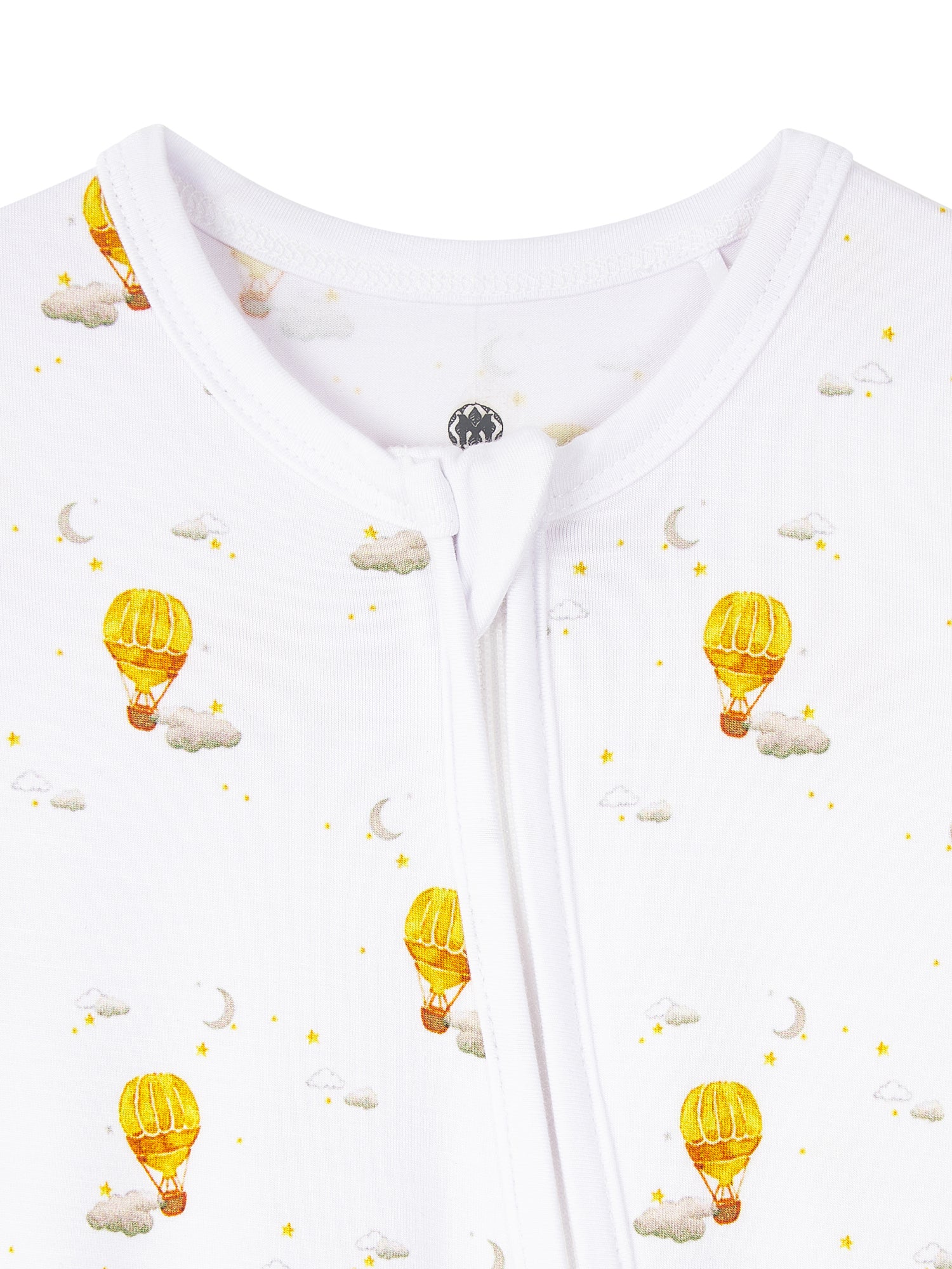 Hot Air Balloon print baby romper featuring playful ocean print, made from buttery soft bamboo cotton with a two-way zipper, foldover footie and mittens for warmth, eco-friendly dyes, and OEKO-TEX® Standard 100 certification. Perfect for newborns to 12 months, providing comfort, ease of dressing, and style for little explorers.