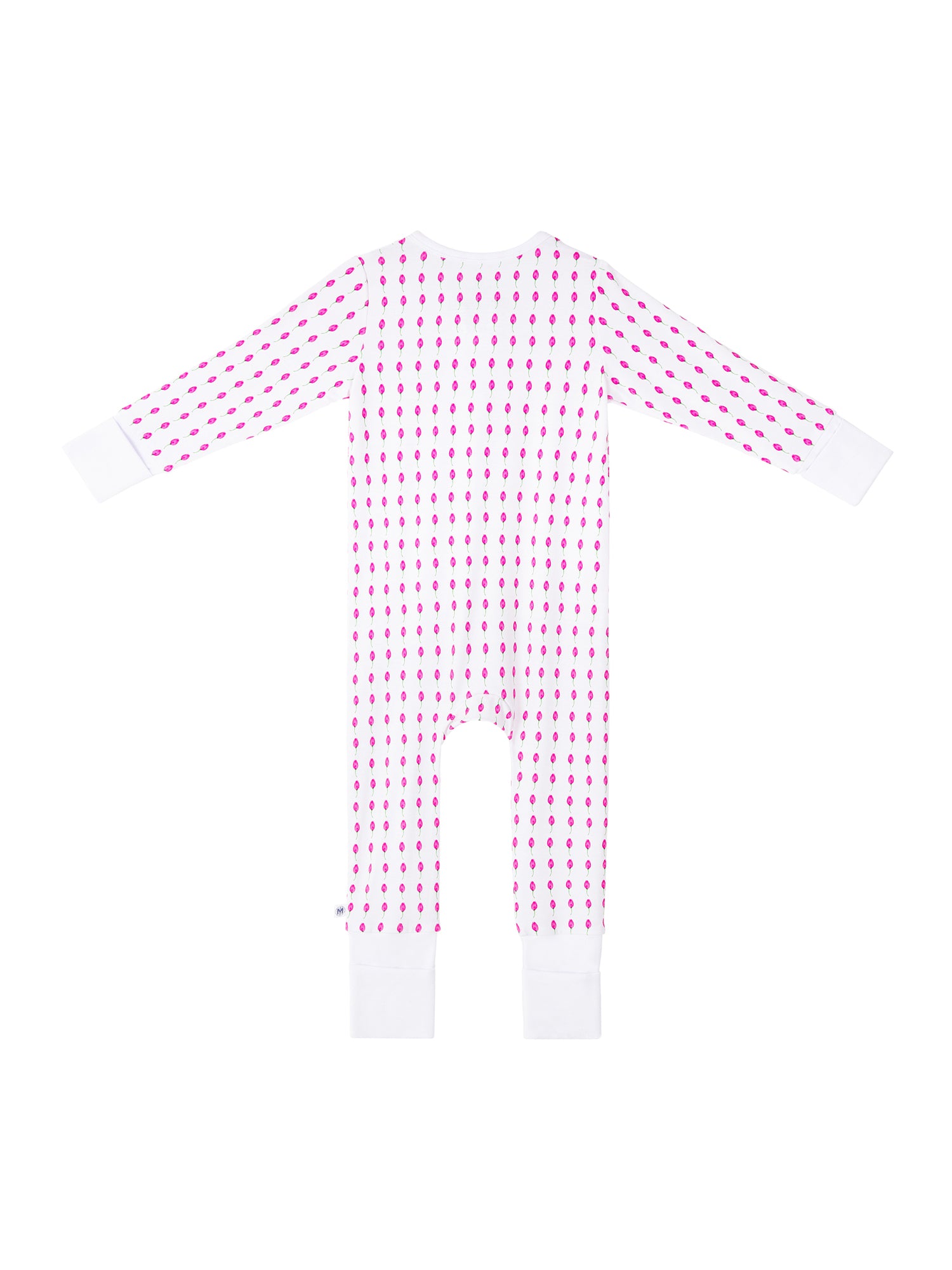 Lotus Bud print baby romper featuring playful ocean print, made from buttery soft bamboo cotton with a two-way zipper, foldover footie and mittens for warmth, eco-friendly dyes, and OEKO-TEX® Standard 100 certification. Perfect for newborns to 12 months, providing comfort, ease of dressing, and style for little explorers.