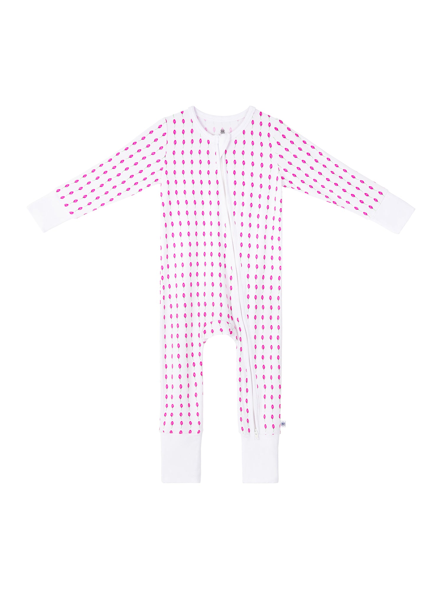 Lotus Bud print baby romper featuring playful ocean print, made from buttery soft bamboo cotton with a two-way zipper, foldover footie and mittens for warmth, eco-friendly dyes, and OEKO-TEX® Standard 100 certification. Perfect for newborns to 12 months, providing comfort, ease of dressing, and style for little explorers.