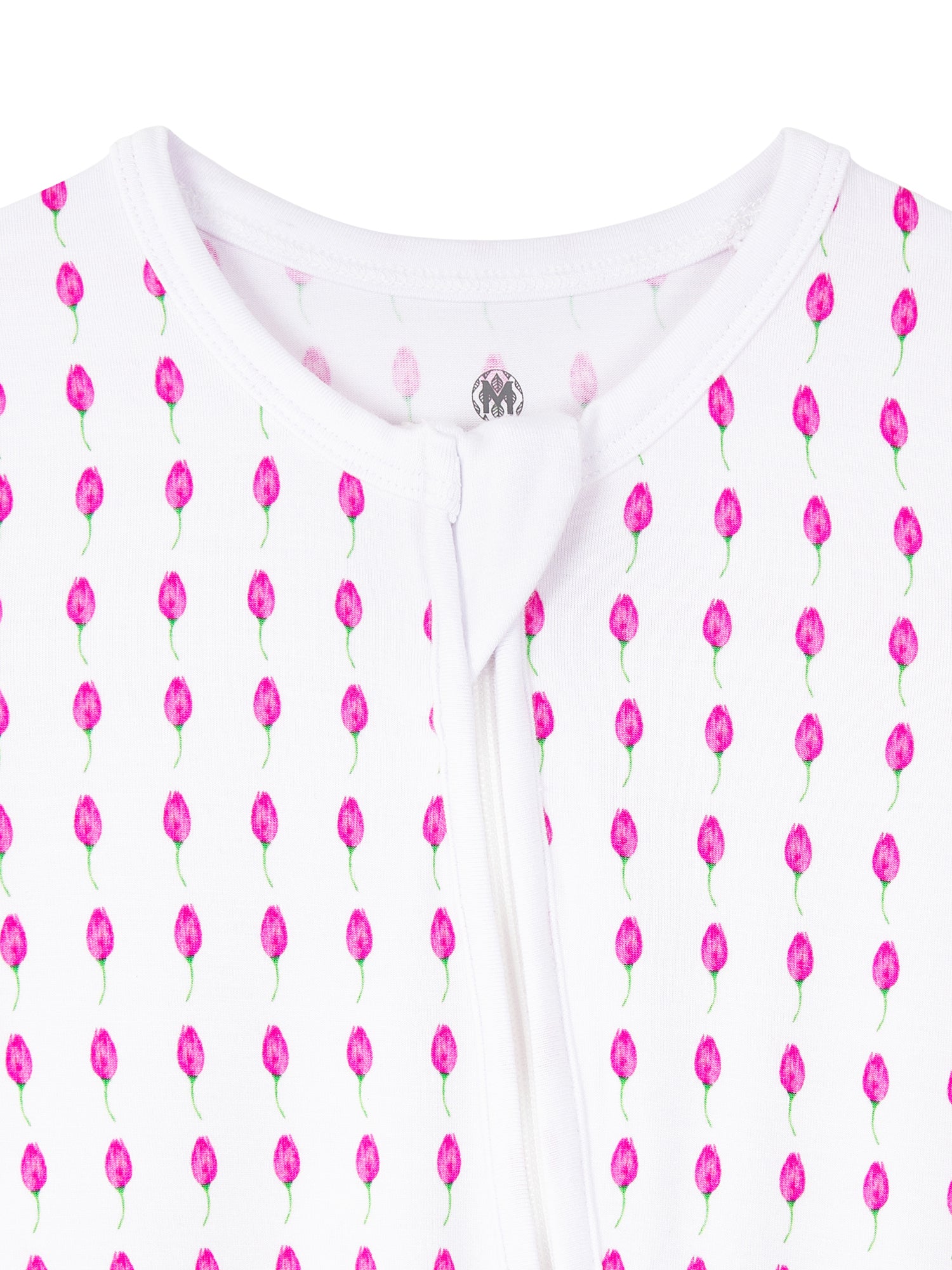 Lotus Bud print baby romper featuring playful ocean print, made from buttery soft bamboo cotton with a two-way zipper, foldover footie and mittens for warmth, eco-friendly dyes, and OEKO-TEX® Standard 100 certification. Perfect for newborns to 12 months, providing comfort, ease of dressing, and style for little explorers.