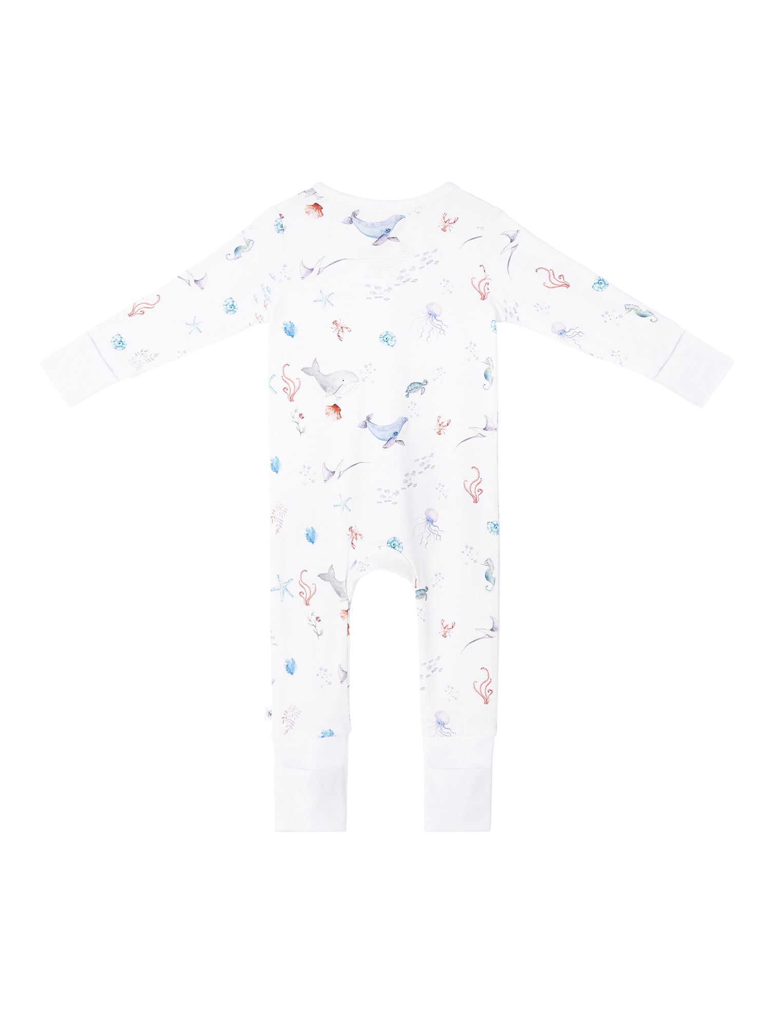 Under the Sea baby romper featuring playful ocean print, made from buttery soft bamboo cotton with a two-way zipper, foldover footie and mittens for warmth, eco-friendly dyes, and OEKO-TEX® Standard 100 certification. Perfect for newborns to 12 months, providing comfort, ease of dressing, and style for little explorers.