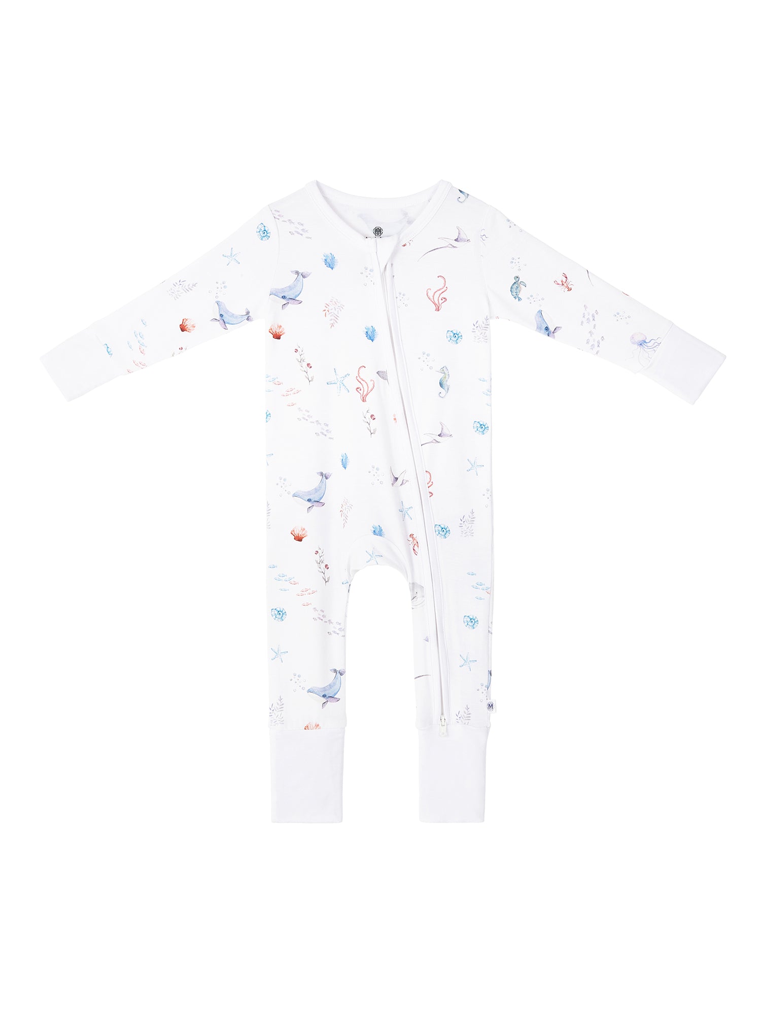 Under the Sea baby romper featuring playful ocean print, made from buttery soft bamboo cotton with a two-way zipper, foldover footie and mittens for warmth, eco-friendly dyes, and OEKO-TEX® Standard 100 certification. Perfect for newborns to 12 months, providing comfort, ease of dressing, and style for little explorers.