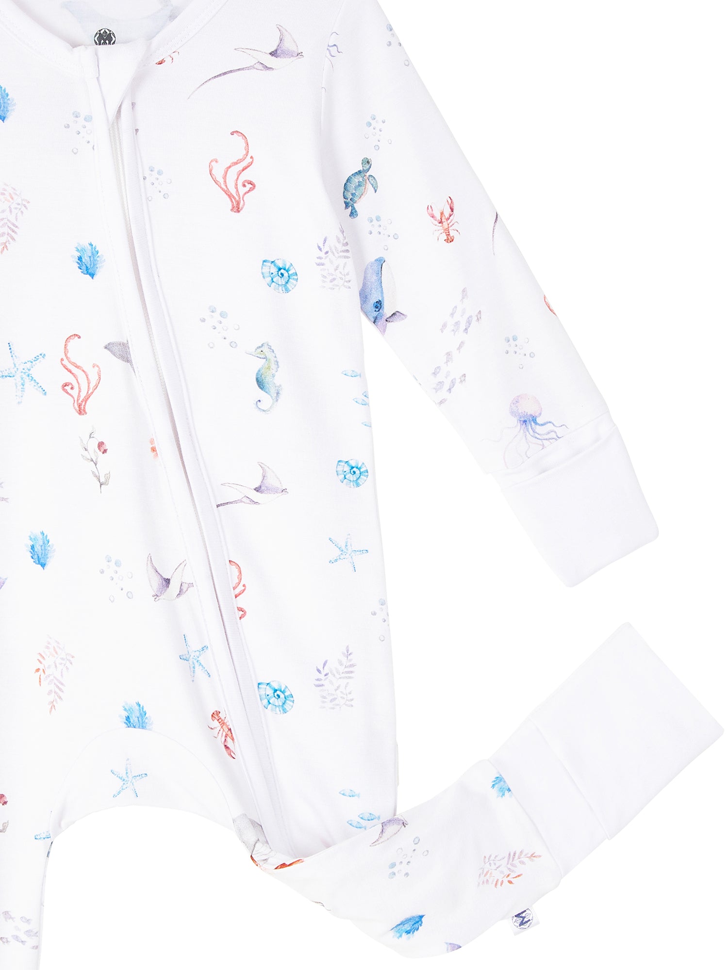 Under the Sea baby romper featuring playful ocean print, made from buttery soft bamboo cotton with a two-way zipper, foldover footie and mittens for warmth, eco-friendly dyes, and OEKO-TEX® Standard 100 certification. Perfect for newborns to 12 months, providing comfort, ease of dressing, and style for little explorers.