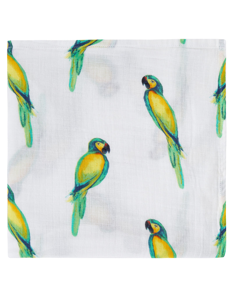 Malabar baby's 100% GOTS certified organic cotton super soft baby swaddle. Swaddle gets softer after every wash. The perfect newborn and baby shower gift. This swaddle has a beautiful green and yellow parrot design. It's stunning and gender neutral.