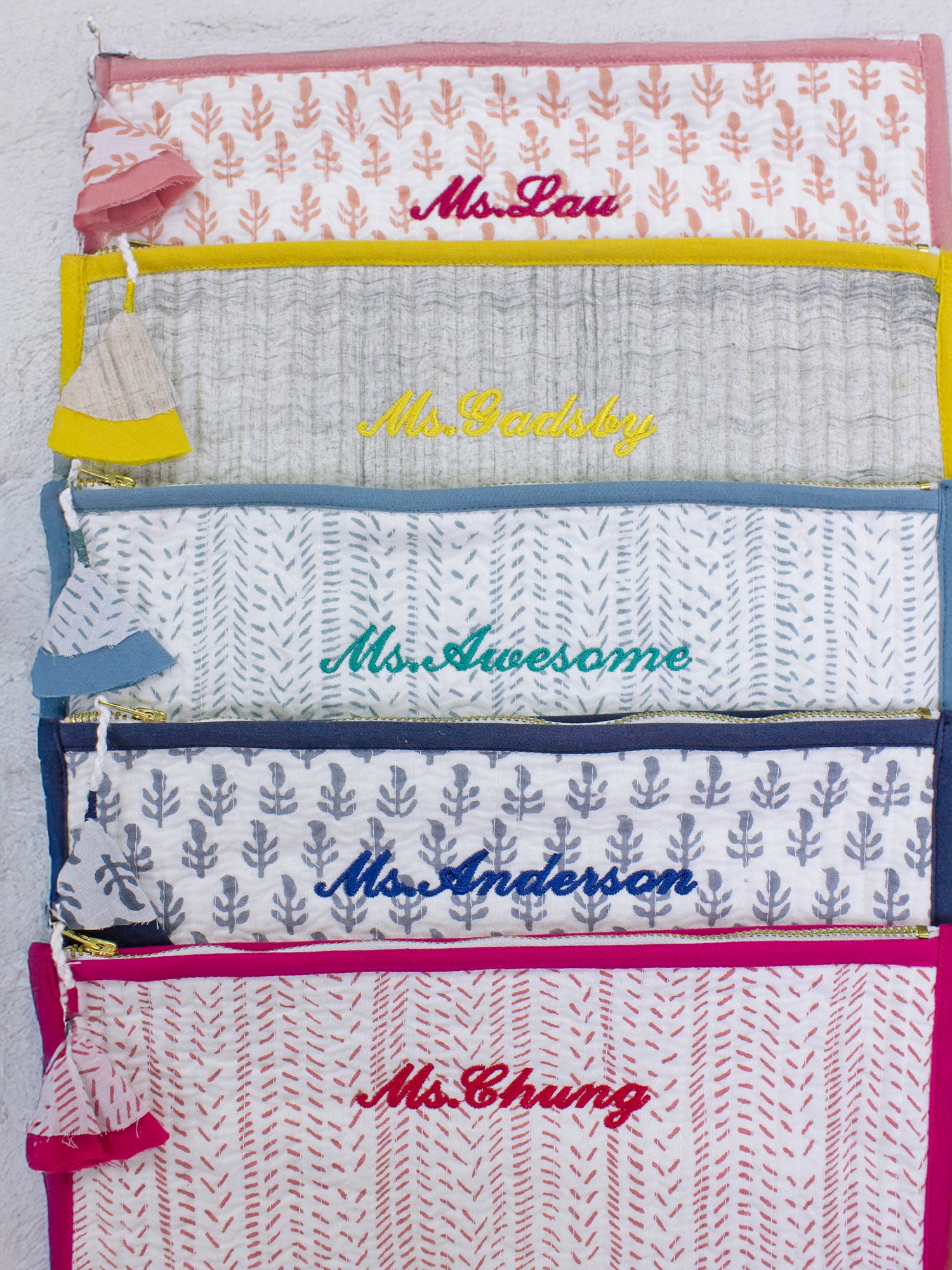 Malabar Baby toiletry vanity kit set with personalized embroidery and beautiful block-printed designs. Made from 100% Indian cotton voile, quilted for durability, with YKK zippers and non-toxic, water-based inks. Includes large and small pouches—perfect for organizing essentials.