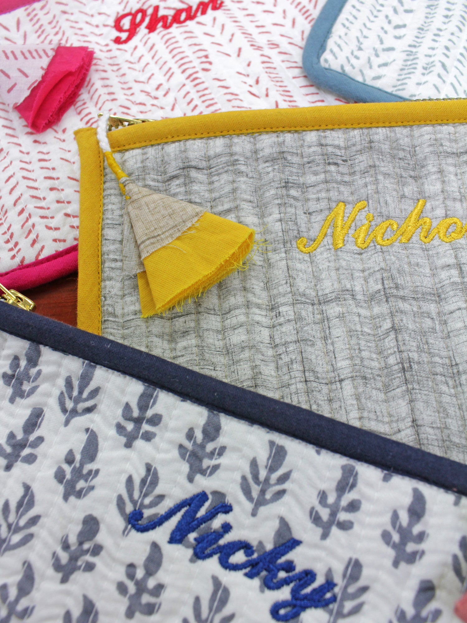 Malabar Baby toiletry vanity kit set with personalized embroidery and beautiful block-printed designs. Made from 100% Indian cotton voile, quilted for durability, with YKK zippers and non-toxic, water-based inks. Includes large and small pouches—perfect for organizing essentials.