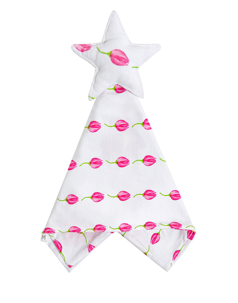 A soft, plush baby lovey security blanket featuring a beautifully detailed lotus flower print on a gentle fabric background. Designed with soothing colors and a calming floral pattern, it offers comfort and reassurance to infants and young children, making it an ideal soothing companion during naps and bedtime.