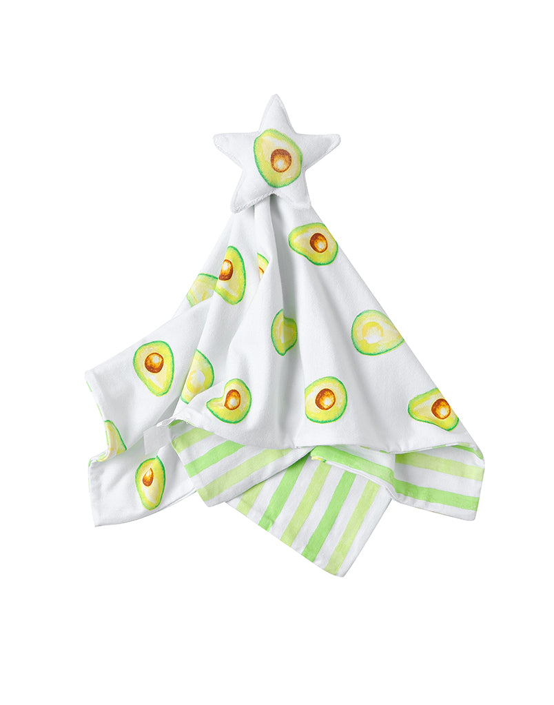 A plush baby lovey security blanket made from ultra-soft fabric, decorated with an adorable and playful avocado pattern. Featuring green avocados on a calming background, this blanket provides gentle comfort and a touch of fun for little hands and minds.