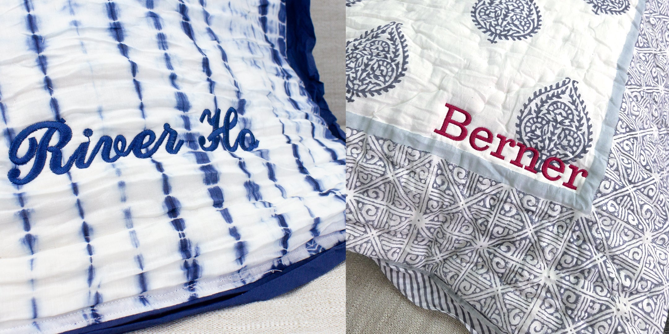 Personalized gifting ideas including cozy blankets and quilts for babies and adults, adorable pajamas for kids, and stylish toiletry kit pouches for adults — perfect keepsakes for all ages.