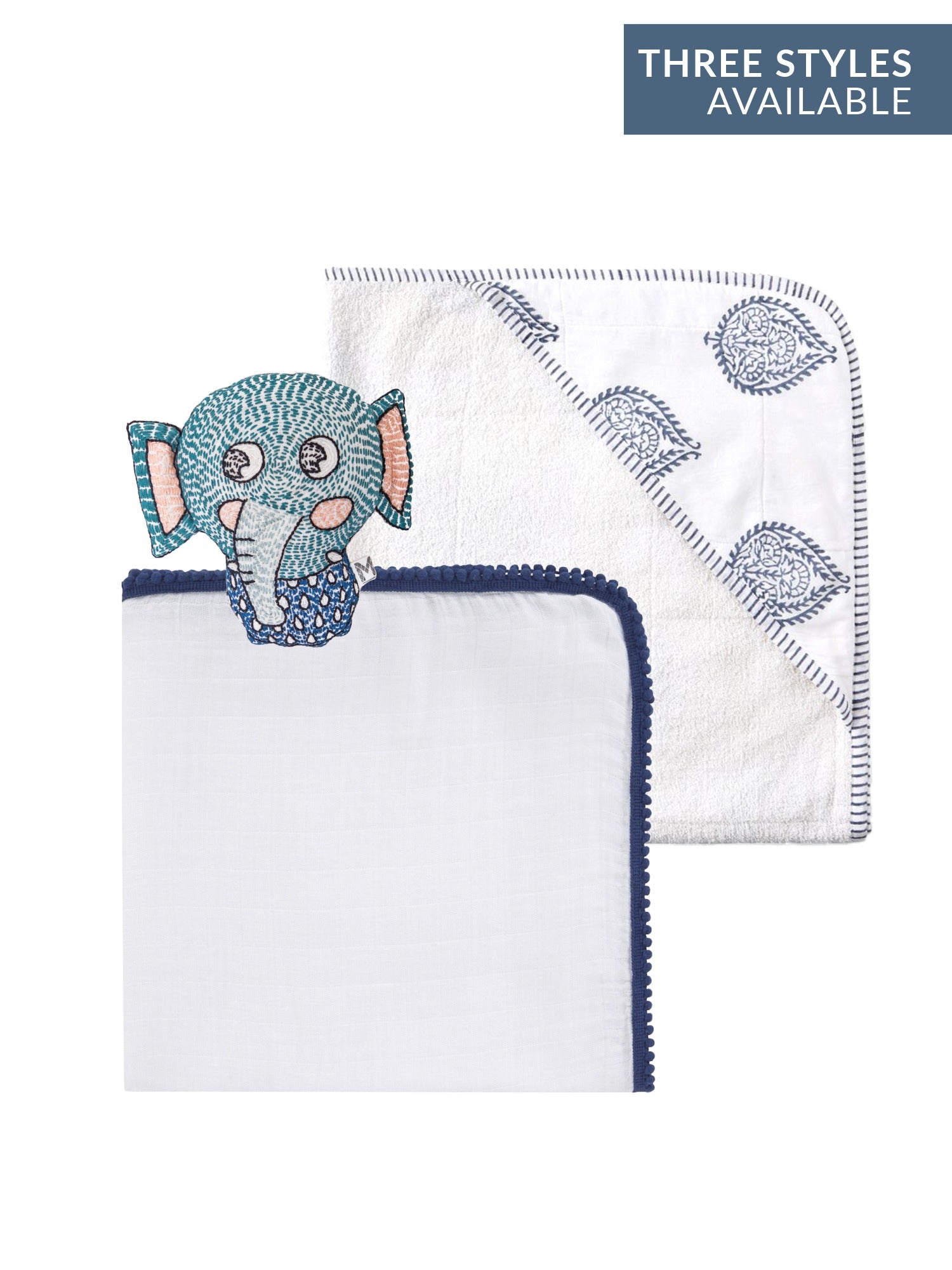 3 Pc Newborn Essential Set - Hooded Towel, Swaddle + Toy Rattle
