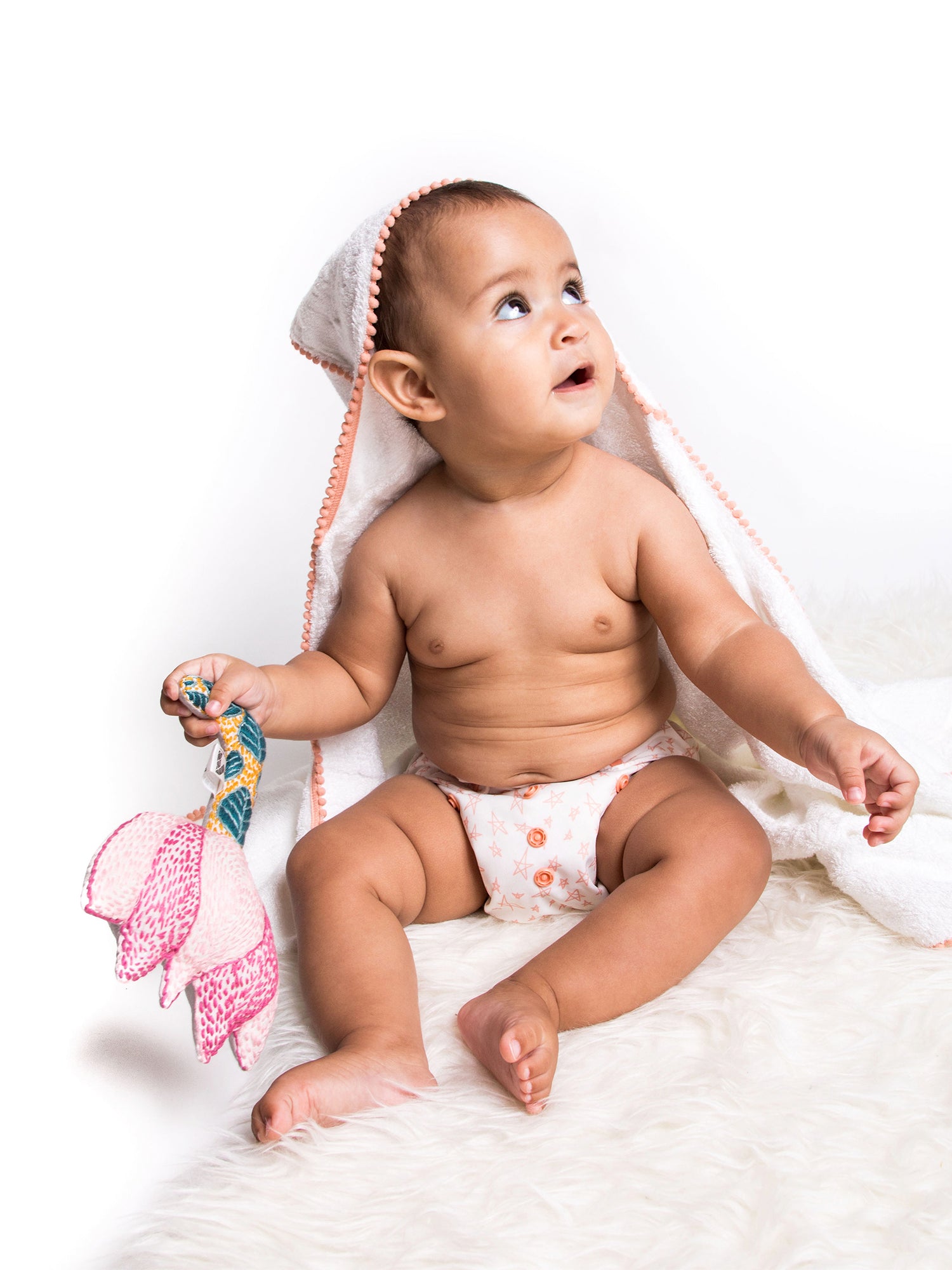 3 Pc Newborn Essential Set - Hooded Towel, Swaddle + Toy Rattle