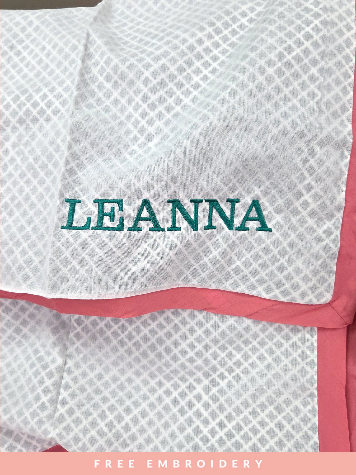 Beautiful block printed lightweight receiving blanket for newborns with free embroidery, crafted from soft and breathable fabric – perfect as a thoughtful baby shower gift or keepsake to cherish for years to come.