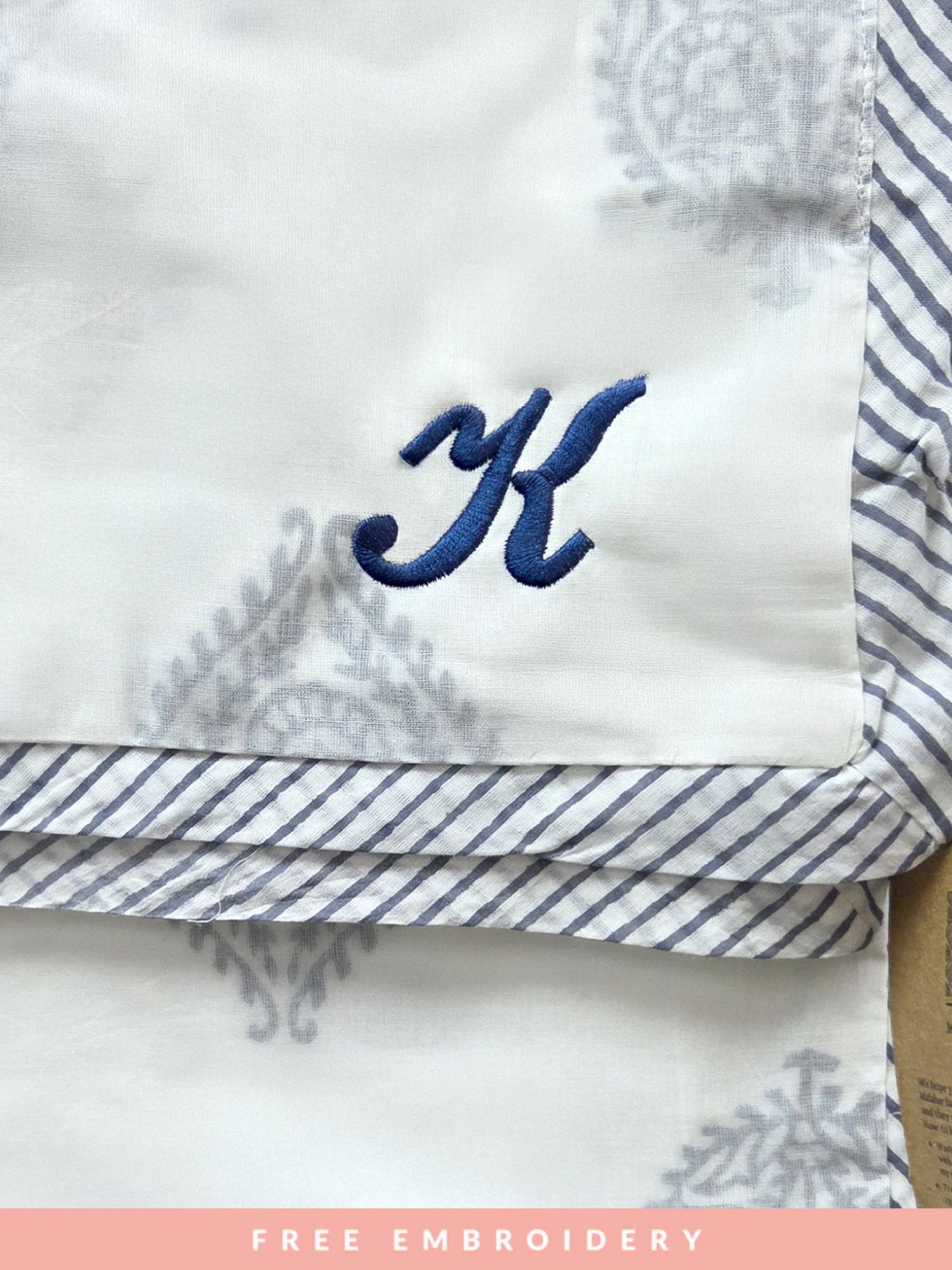 Beautiful block printed lightweight receiving blanket for newborns with free embroidery, crafted from soft and breathable fabric – perfect as a thoughtful baby shower gift or keepsake to cherish for years to come.