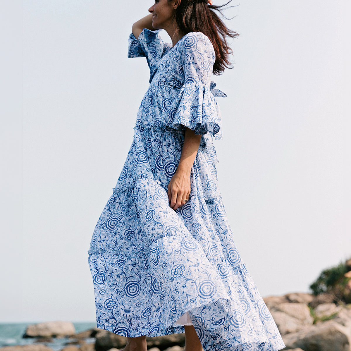 Block Printed Dress - Blue Floral Women's M Block Printed Dress - Blue Floral Women's M
