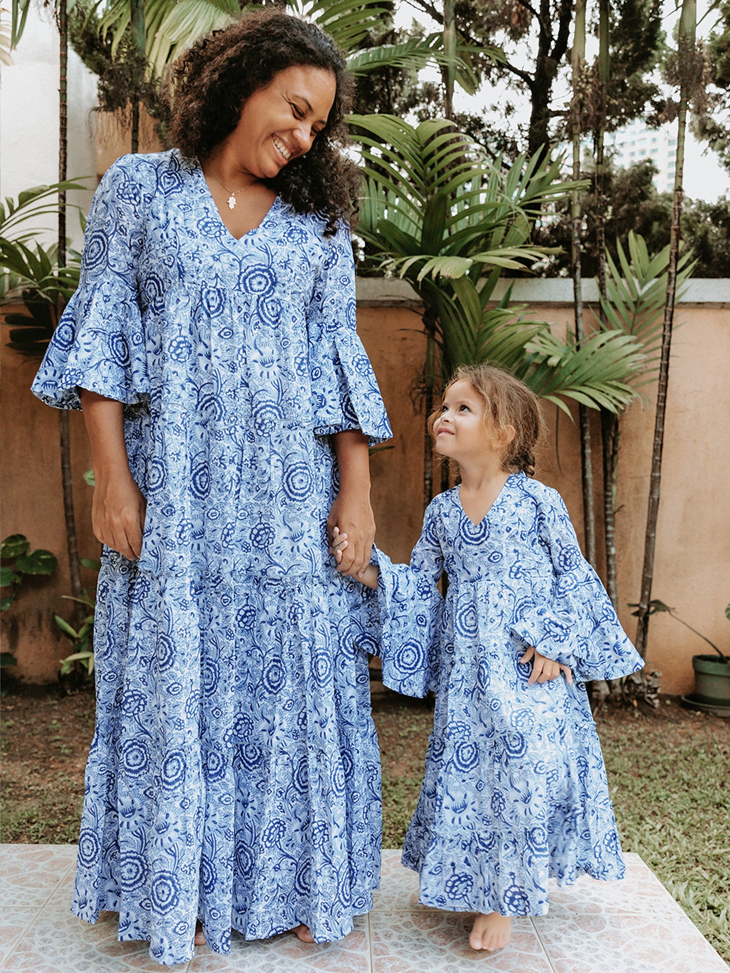 Block Printed Girl's Dress - Blue Floral