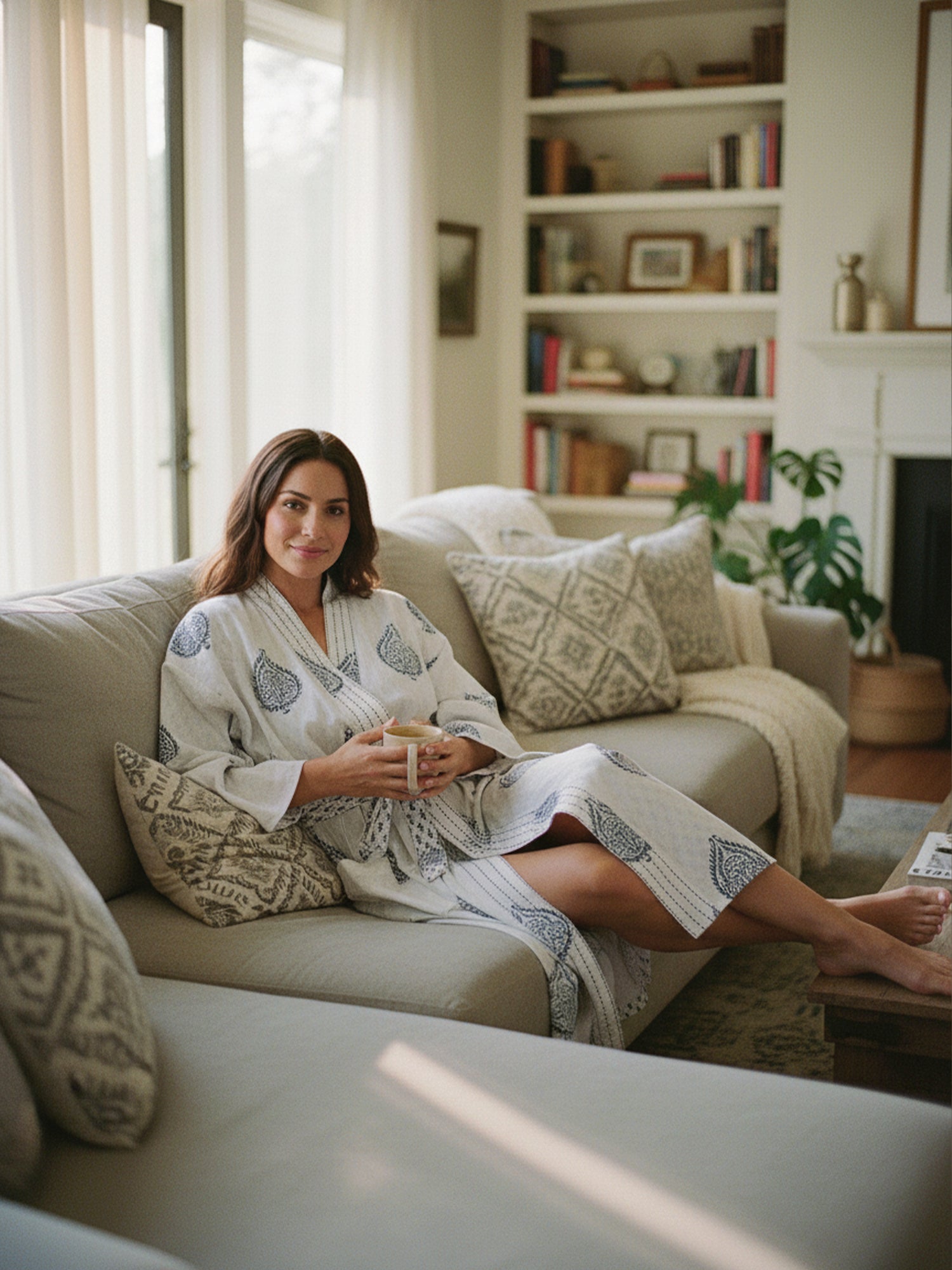 Women's Block Printed Blue Paisley Robe