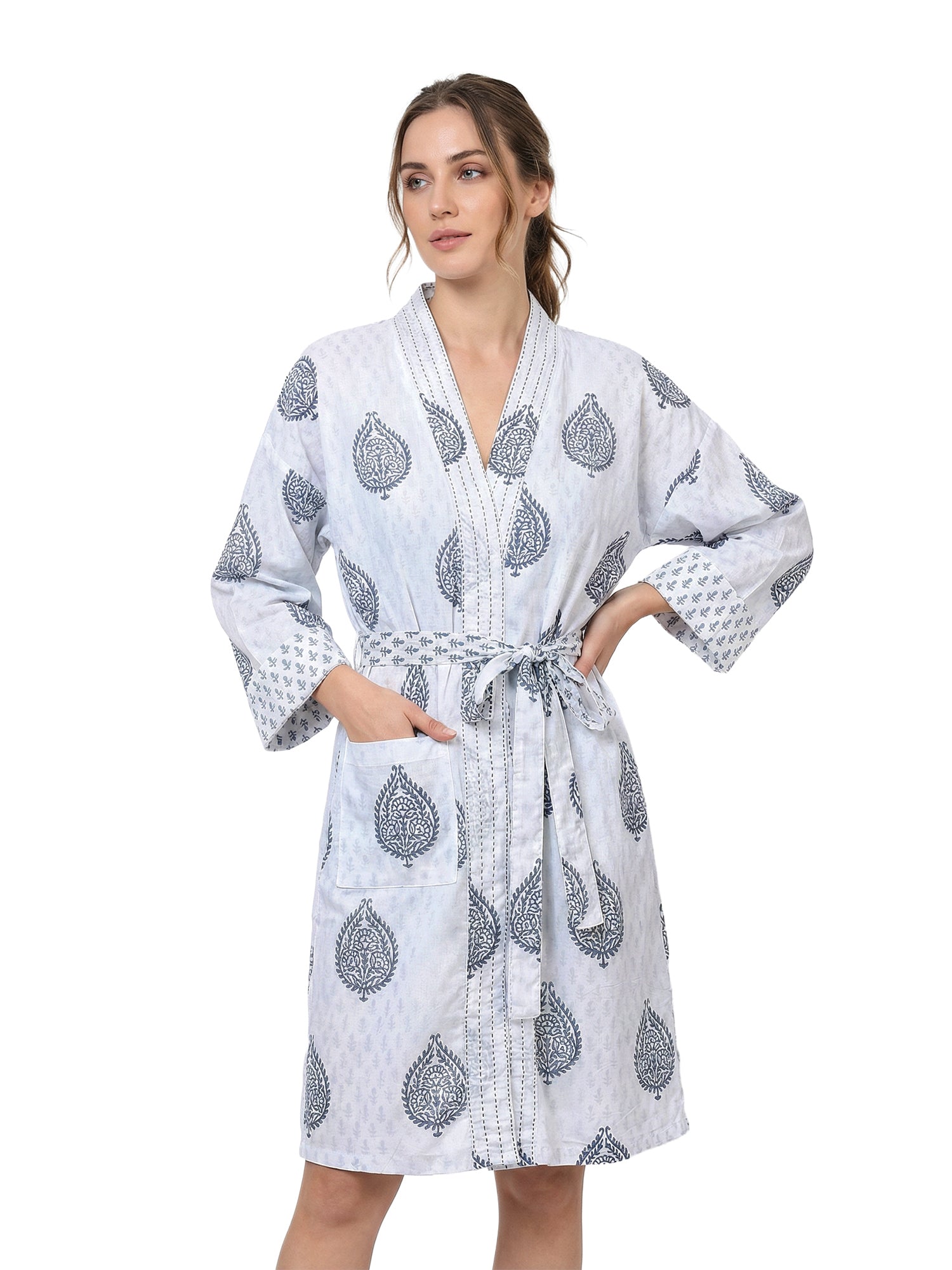 Women's Block Printed Blue Paisley Robe
