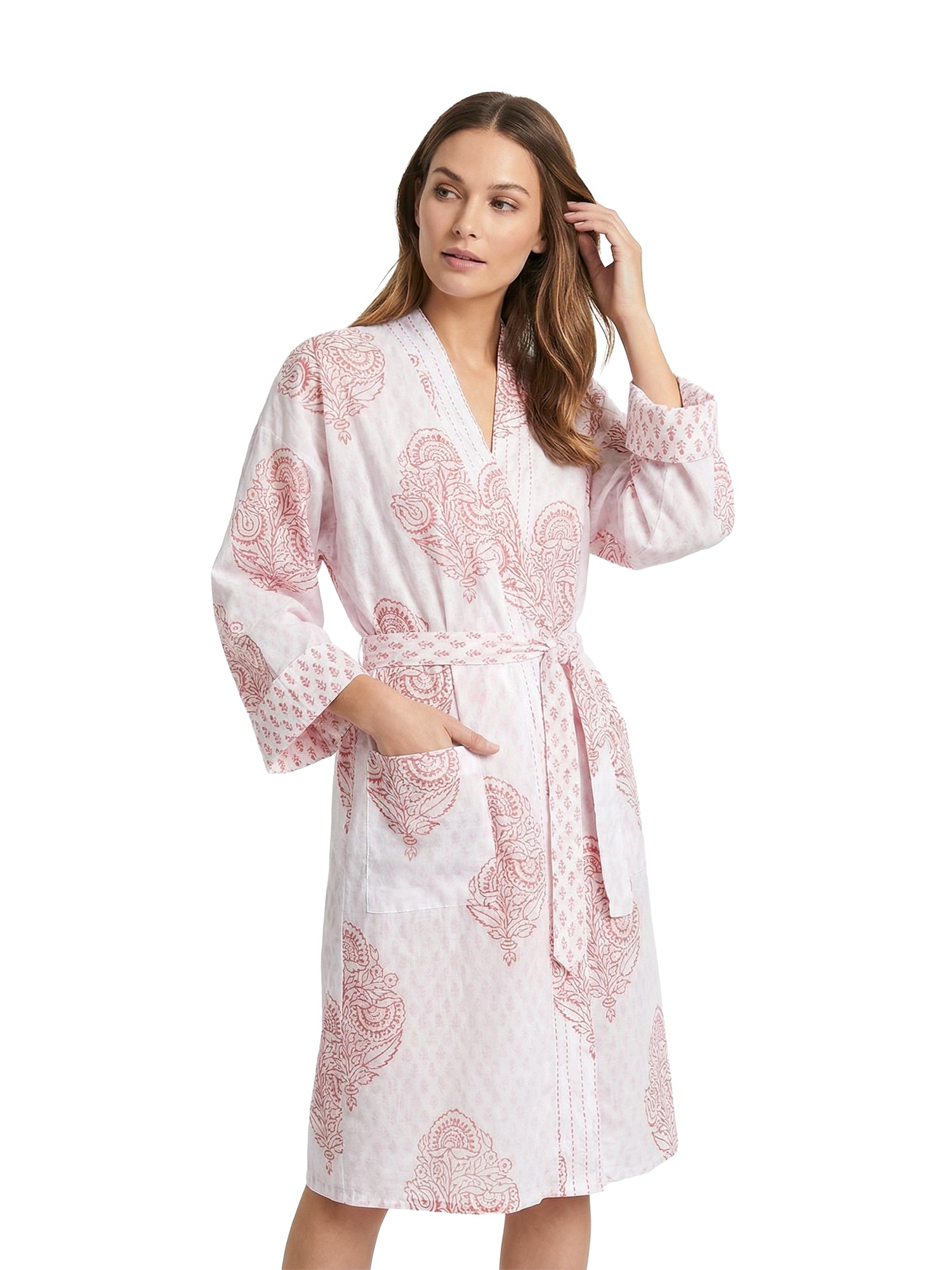 Women's Block-Printed Pink Robe