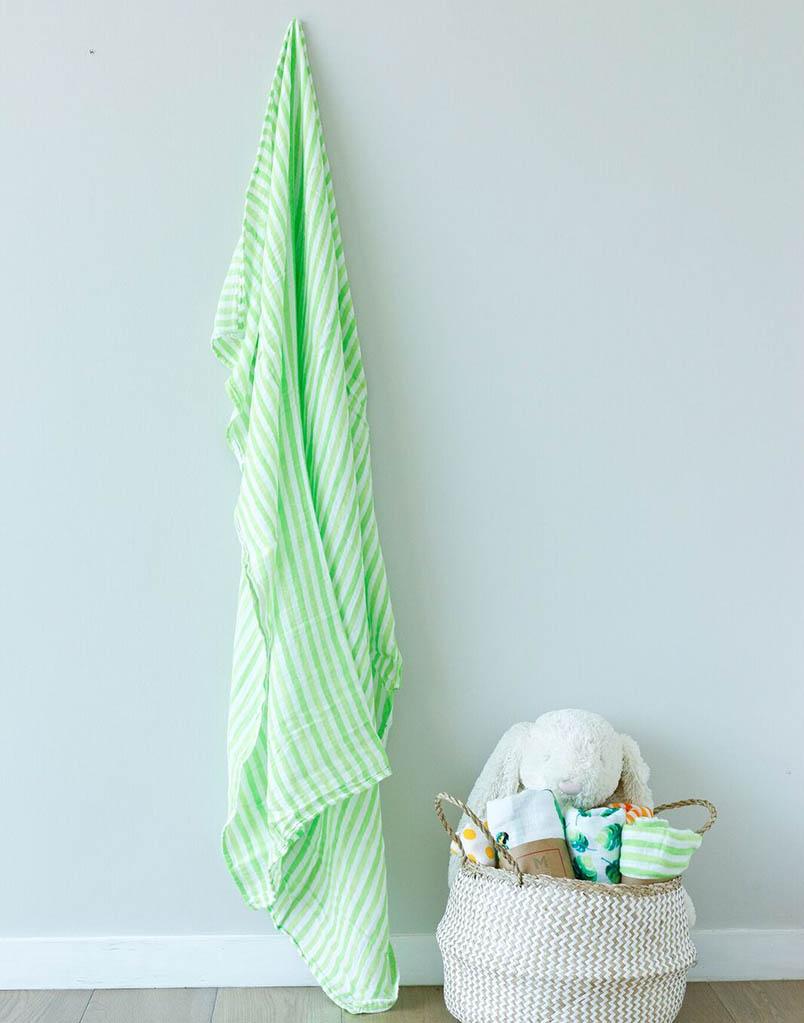 Malabar baby's 100% GOTS certified organic cotton super soft baby swaddle 2 pack. Swaddles get softer after every wash. The perfect newborn and baby shower gift. Swaddle 1 has a beautiful green avocado design and swaddle #2 has a beautiful green and white